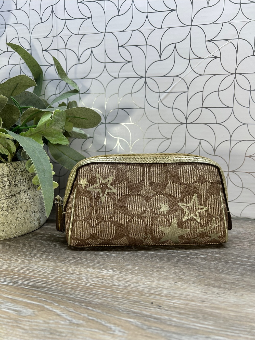 Coach Beige and Brown Zip Cosmetic Pouch